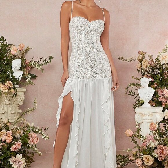 . Dresses & Skirts - White Preppy Women's Lace Bustier Split Thigh Ruffle Maxi Dress